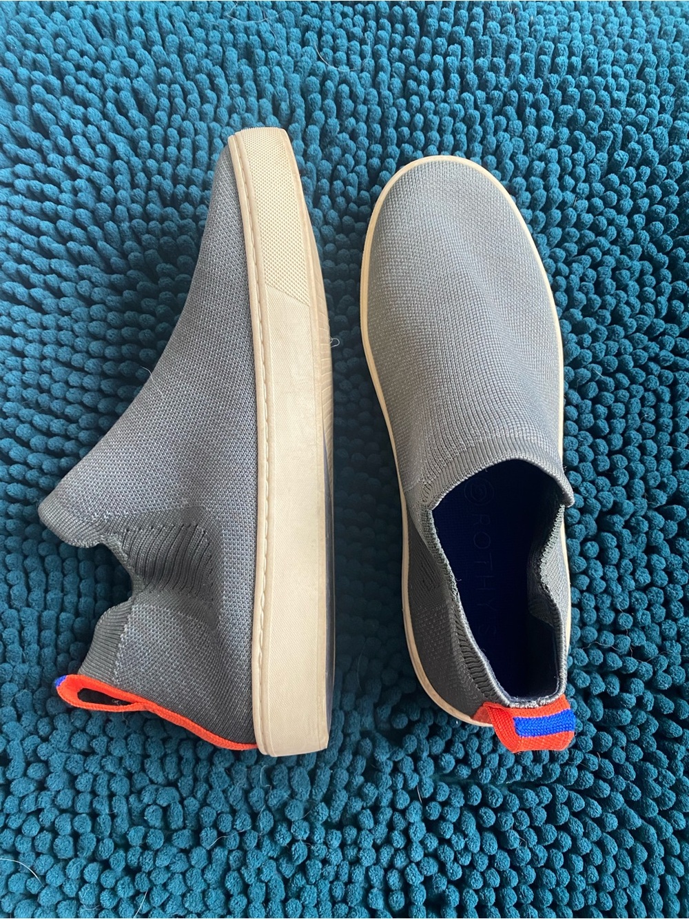 Rothy's Blue/Gray “Fog Melange” Slip-On Chelsea Sneakers with Orange Heel Tab